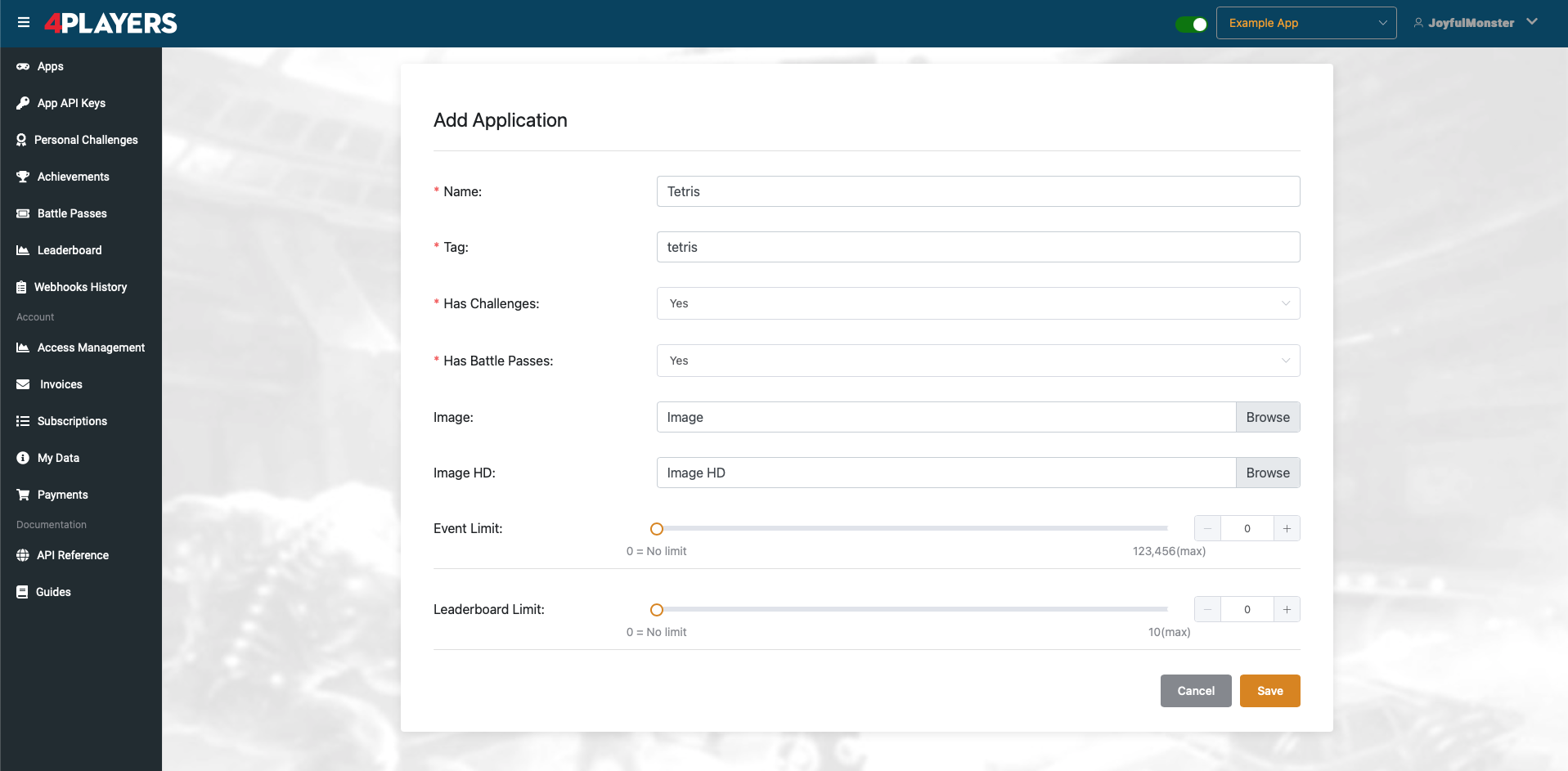Adding an application in the Admin Panel