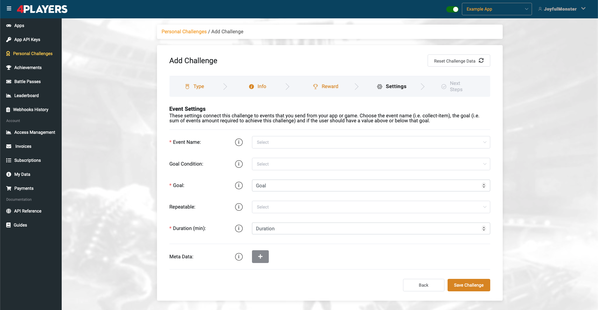 Step 4: Choosing challenge event settings